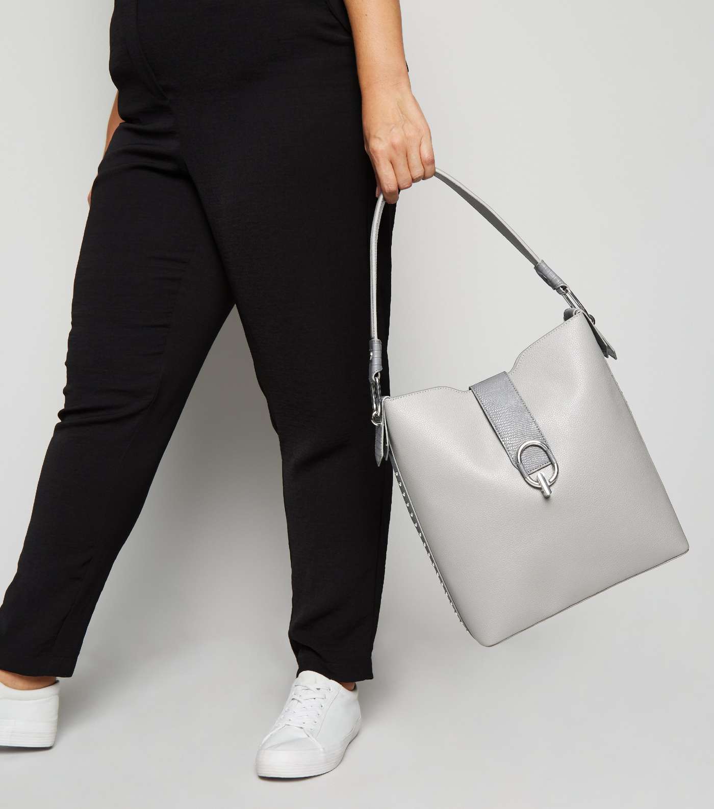 Grey Leather-Look Side Stud Tote Bag Image 2