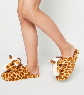 Girls Brown Faux Fur Giraffe Slippers 