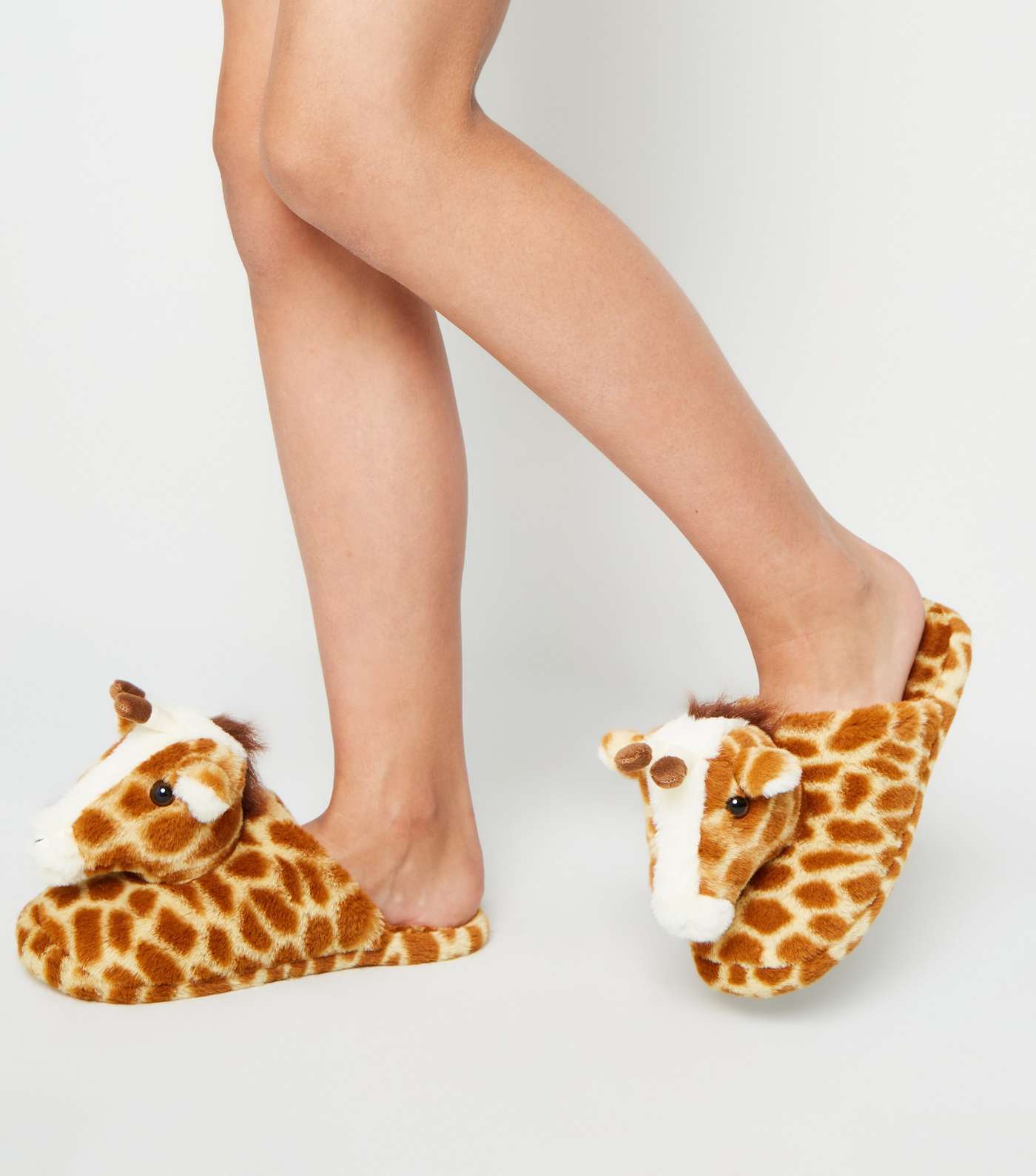 Girls Brown Faux Fur Giraffe Slippers Image 2