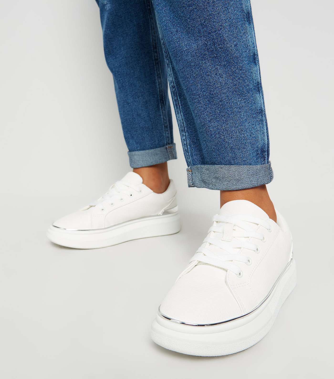 Girls White Leather-Look Metal Trim Trainers Image 2