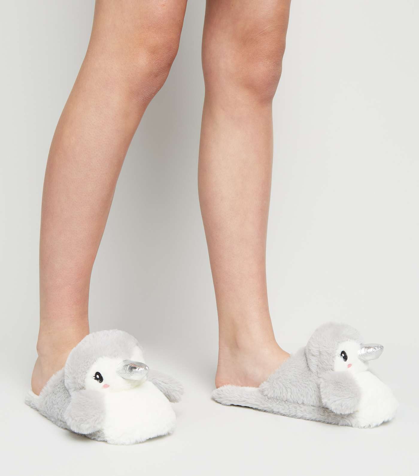 Girls Grey Faux Fur Penguin Slippers Image 2