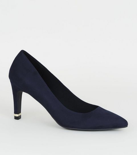 Navy Suedette Pointed Metal Heel Courts