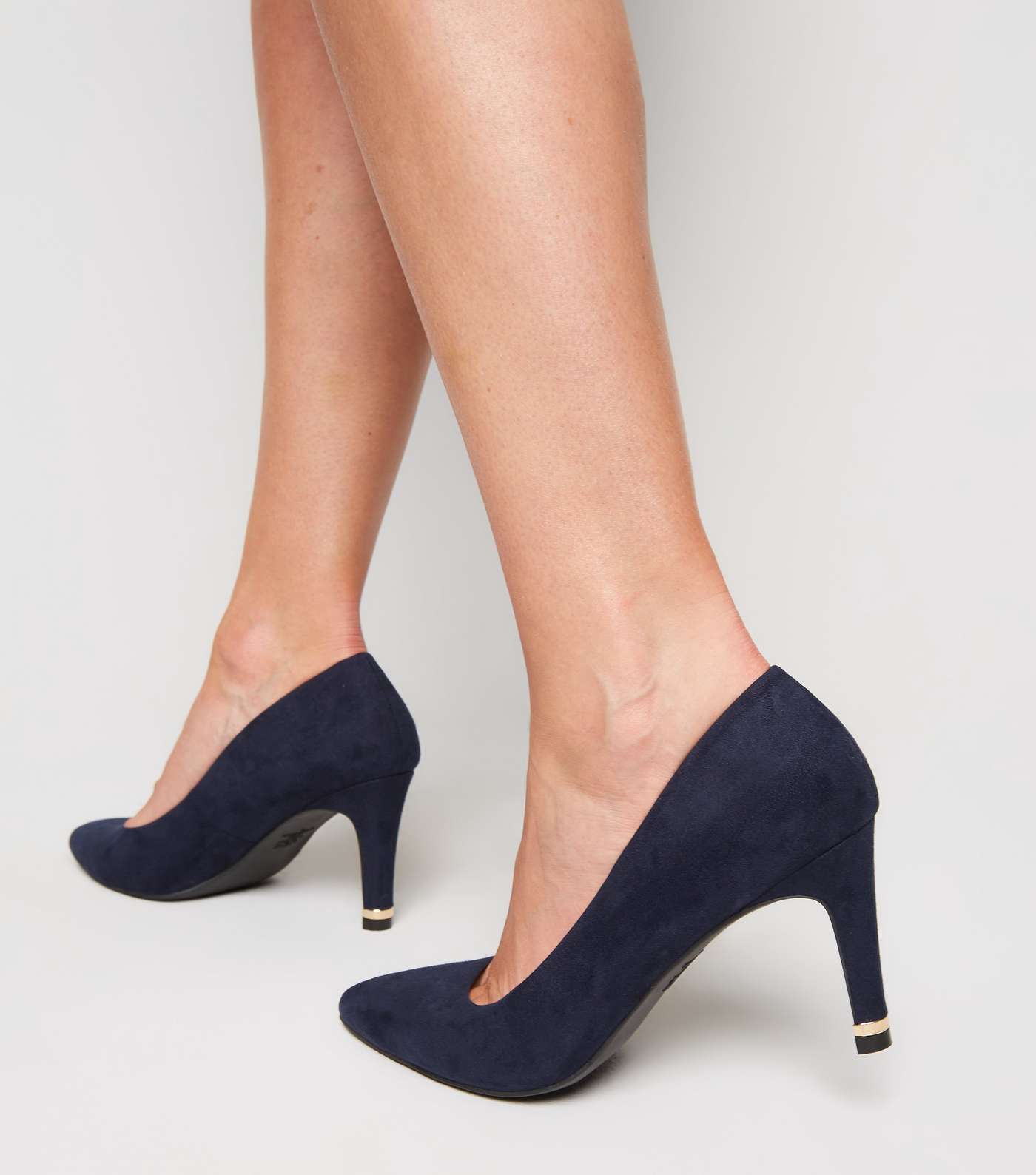 Navy Suedette Metal Heel Pointed Court Shoes Image 2
