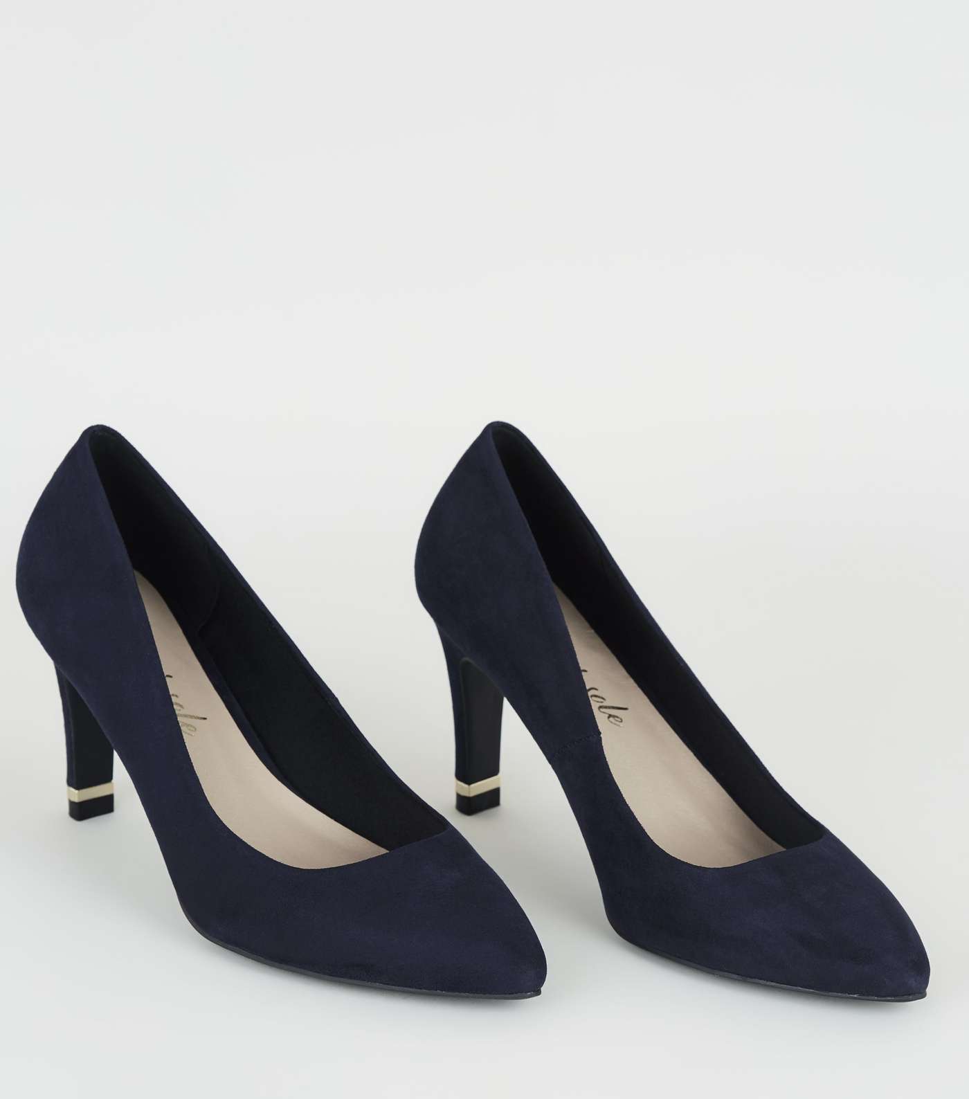 Navy Suedette Metal Heel Pointed Court Shoes Image 4