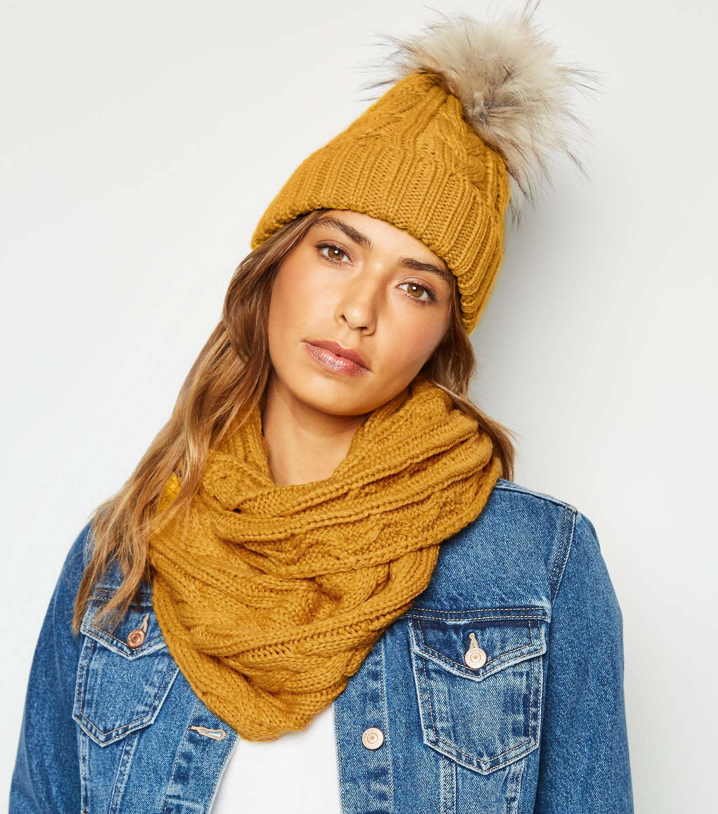Mustard Cable Knit Snood Image 4