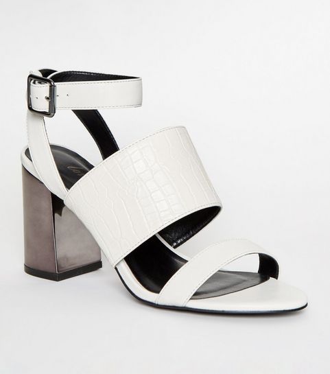 White Faux Croc Metal Block Heel Sandals
