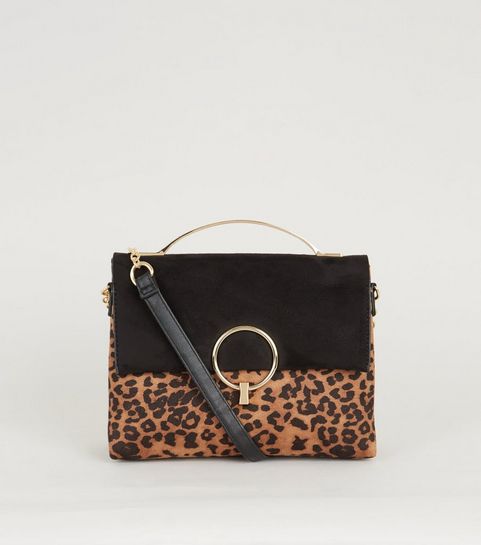 Brown Leopard Print Metal Handle Shoulder Bag