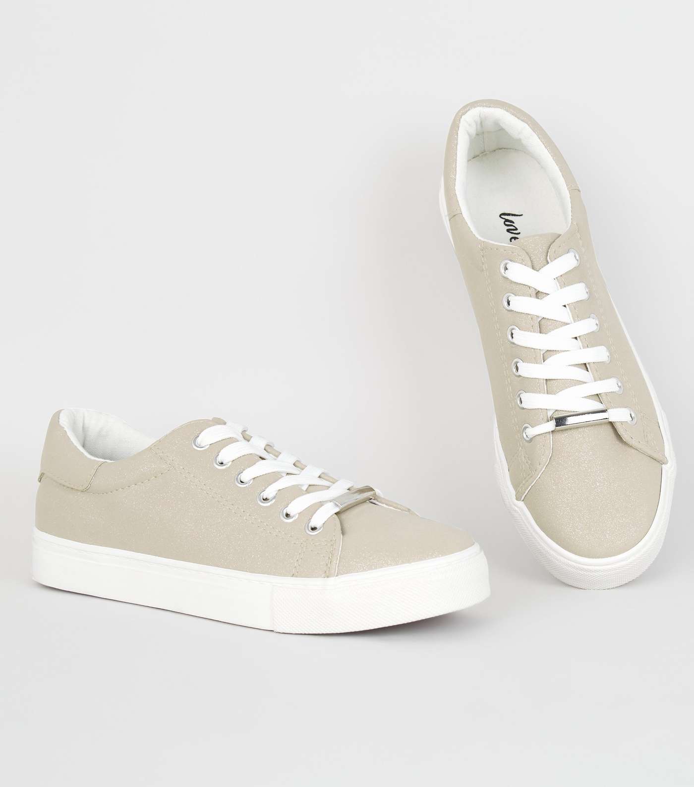 Off White Shimmer Lace Up Trainers Image 3