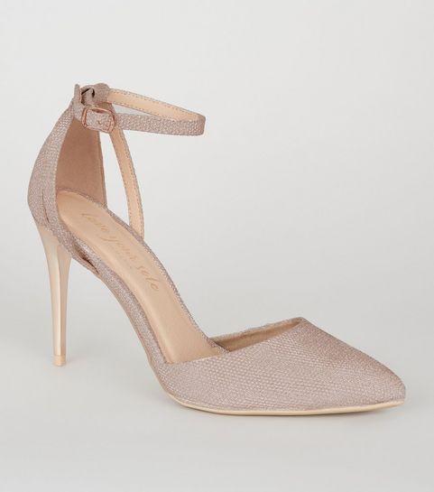 Zweiteilige, glitzernde High Heels mit Stiletto-Absatz in Roségold