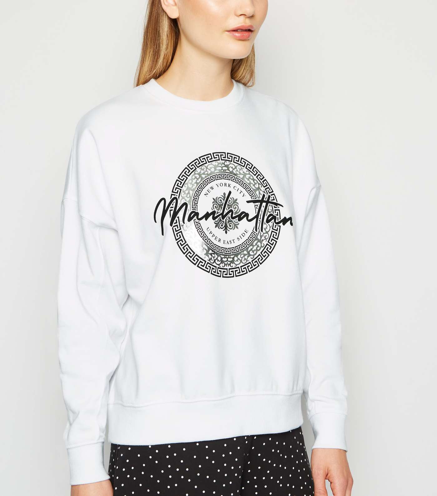 White Manhattan Slogan Metallic Sweatshirt