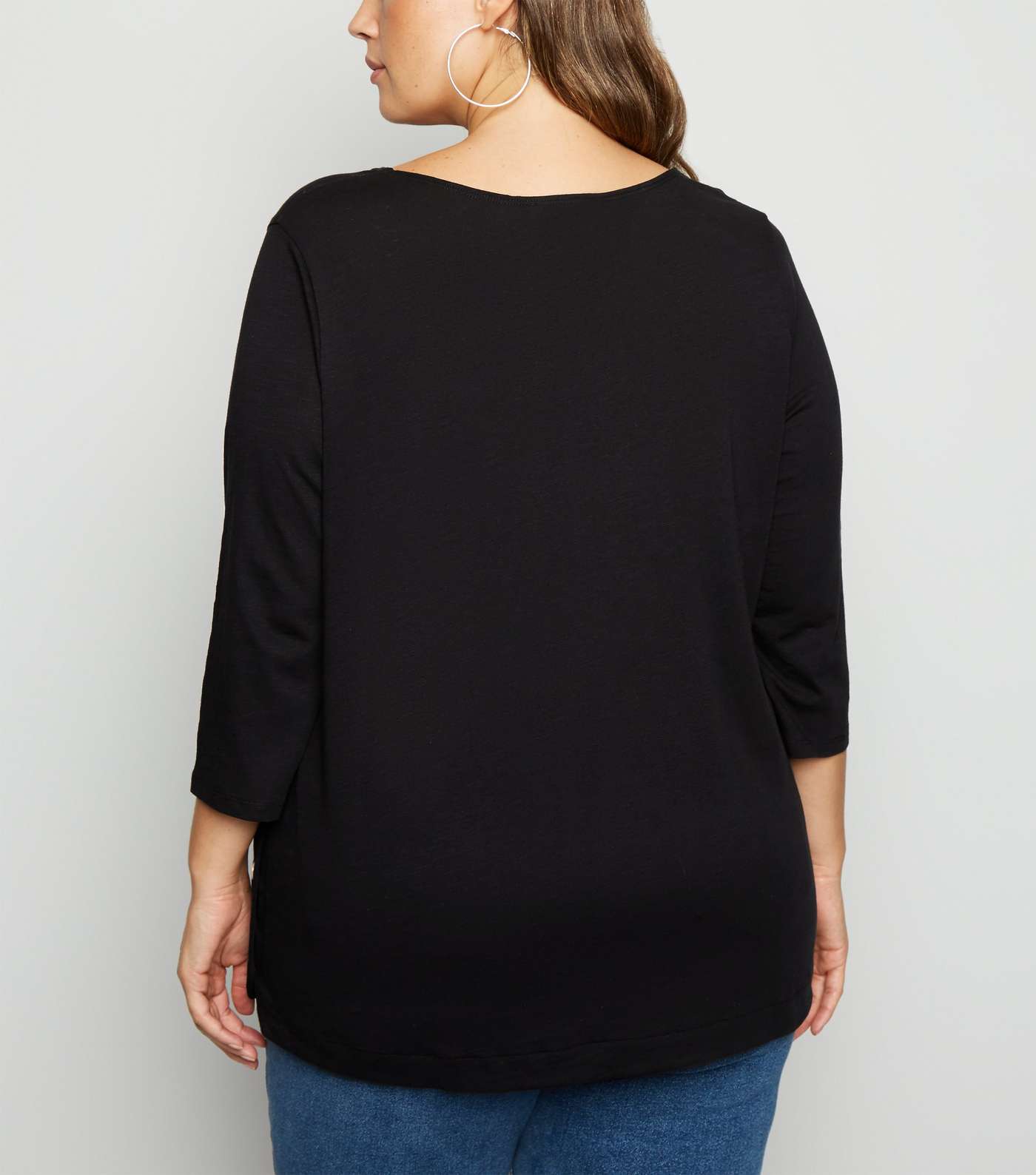 Curves Black 3/4 Sleeve Button Side T-Shirt Image 3