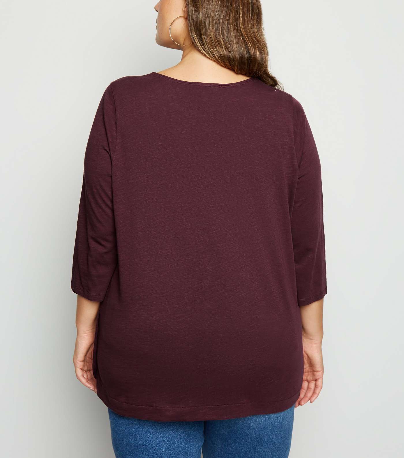Curves Burgundy 3/4 Sleeve Button Side T-Shirt Image 3