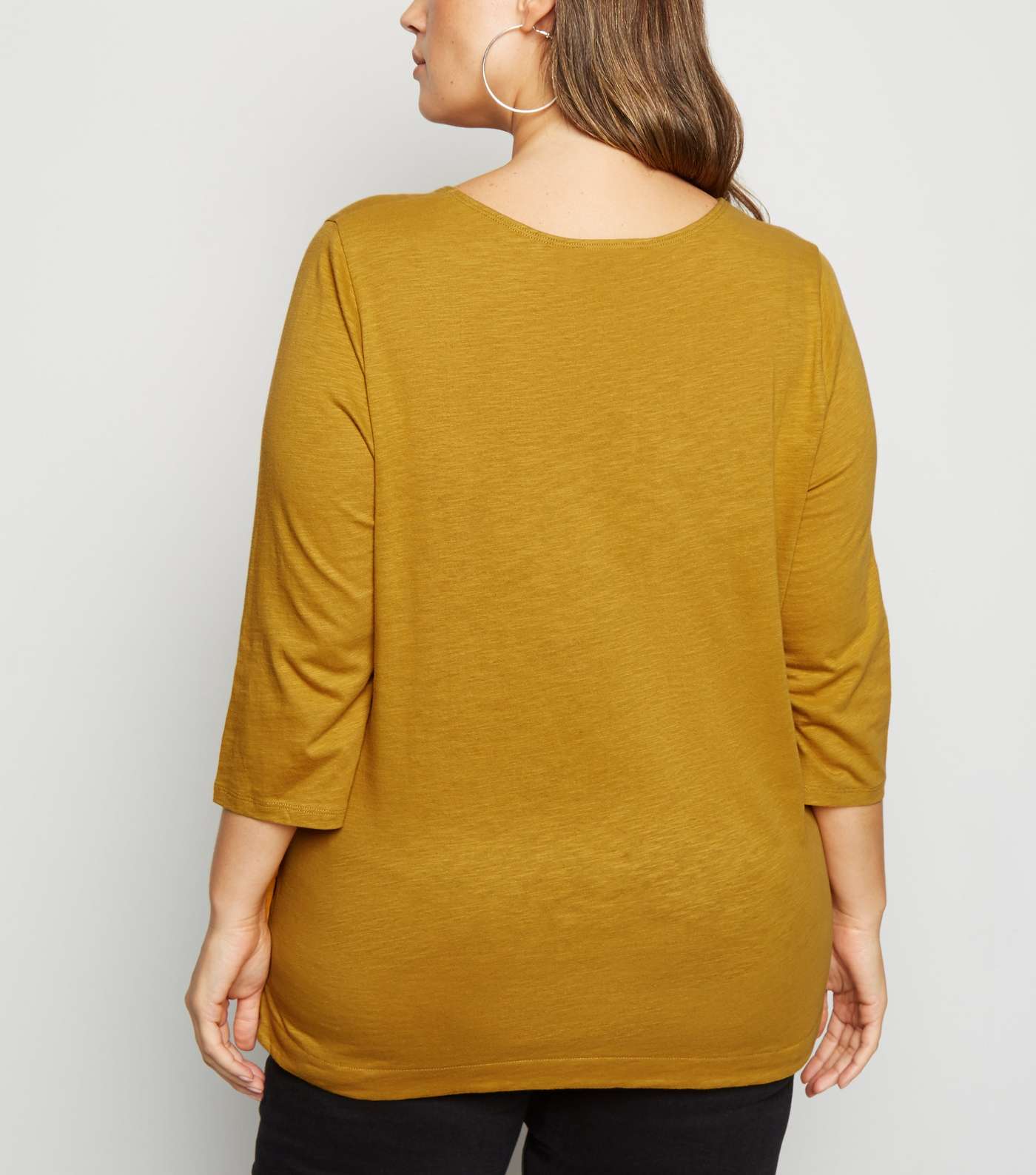 Curves Mustard 3/4 Sleeve Button Side T-Shirt Image 3