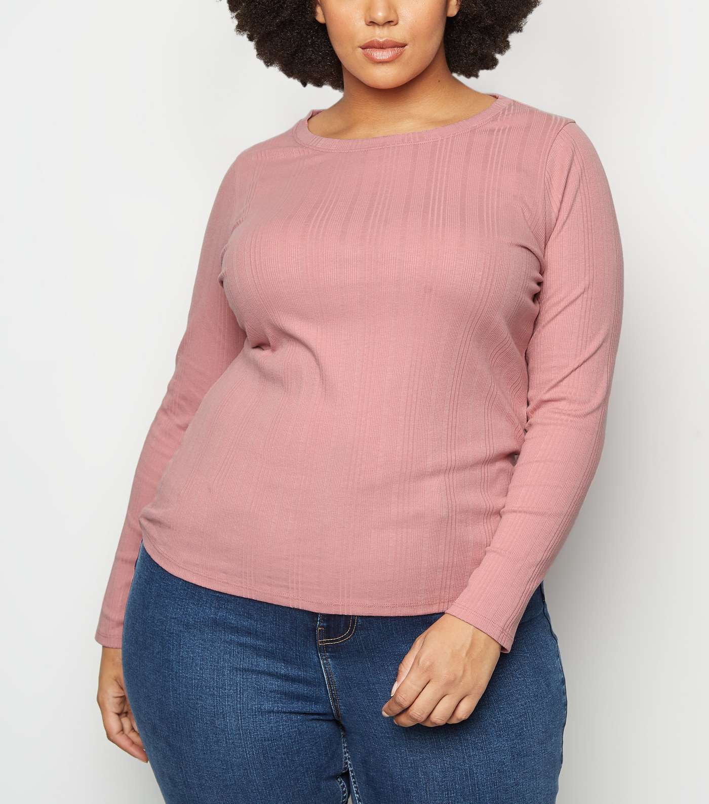 Curves Mid Pink Ribbed Long Sleeve Top