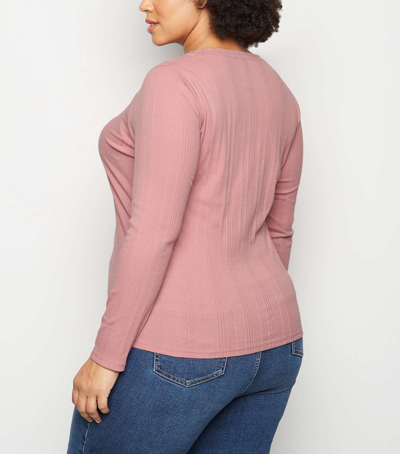 Curves Mid Pink Ribbed Long Sleeve Top Image 3