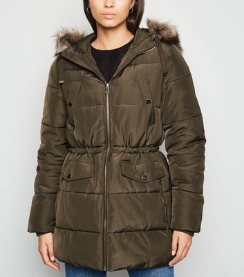 khaki faux leather hooded puffer jacket