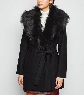 Black Faux Fur Collar Belted Coat, Womens Fur Collar Coat Jacket