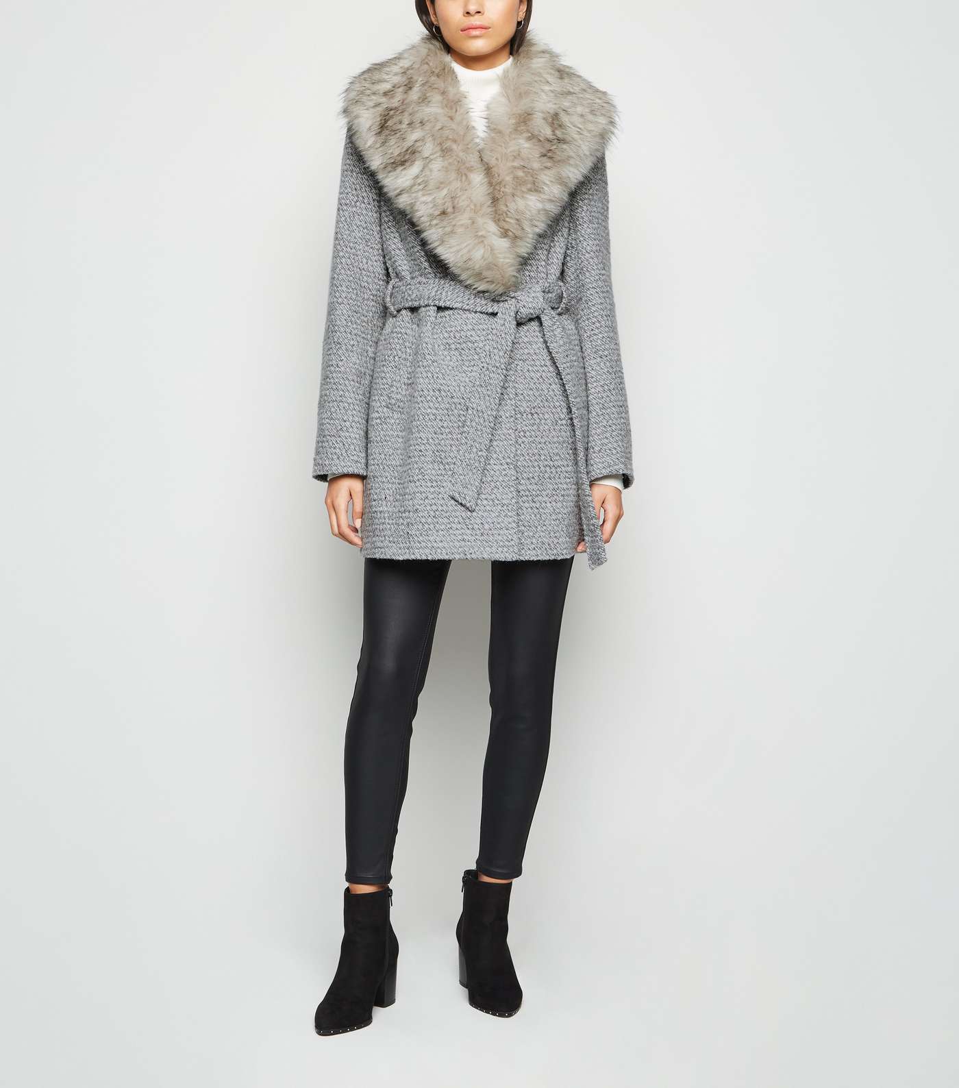 Light Grey Flecked Faux Fur Collar Belted Coat Image 2