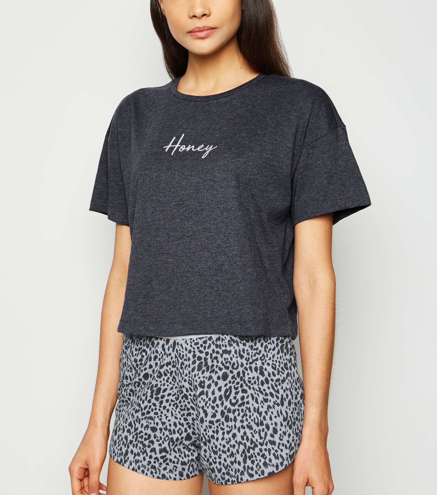 Grey Leopard Print Honey Slogan Pyjama Set