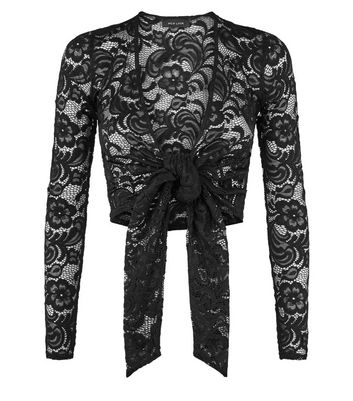 Image of Black Lace Tie Front Crop Top New Look