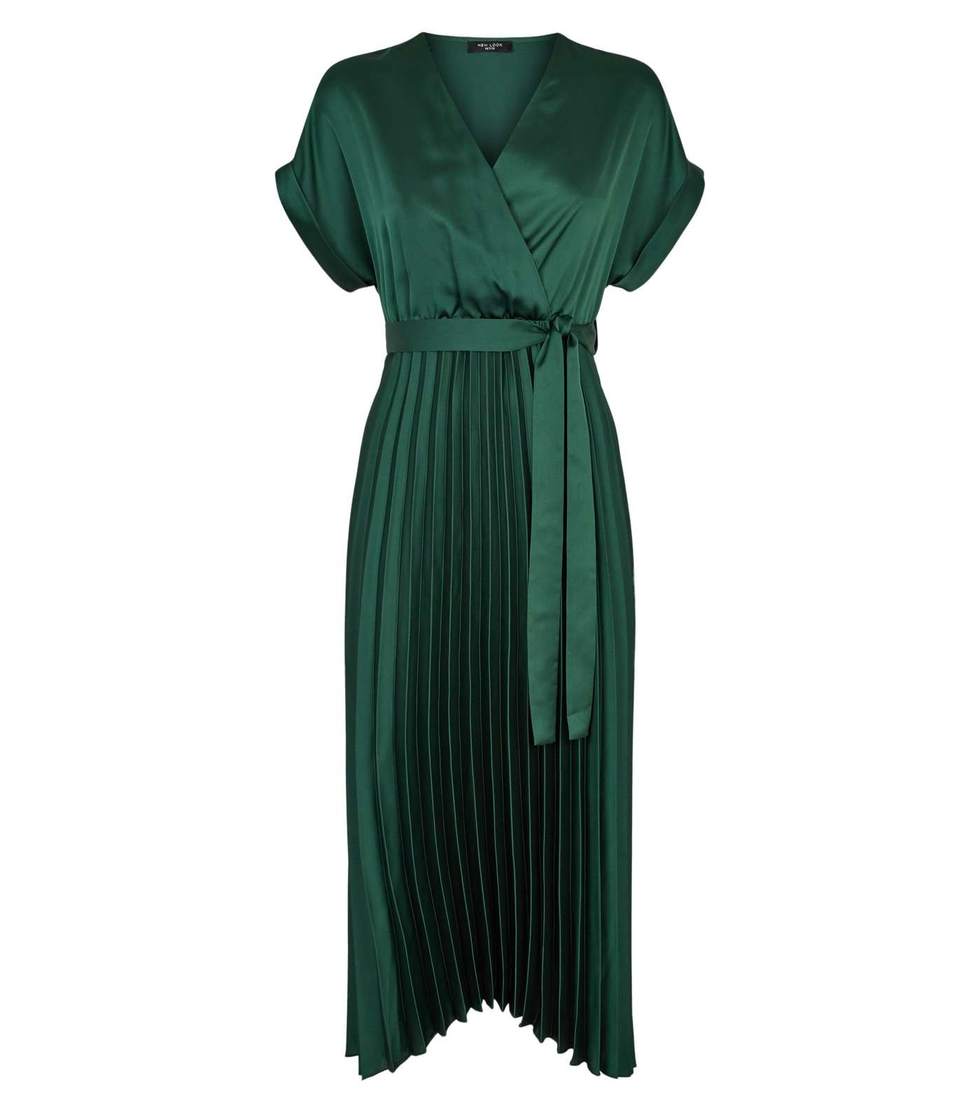 Petite Dark Green Pleated Satin Midi Dress Image 4
