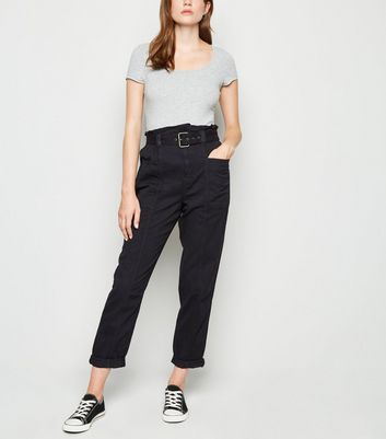 Black Denim High Waist Belted Utility 