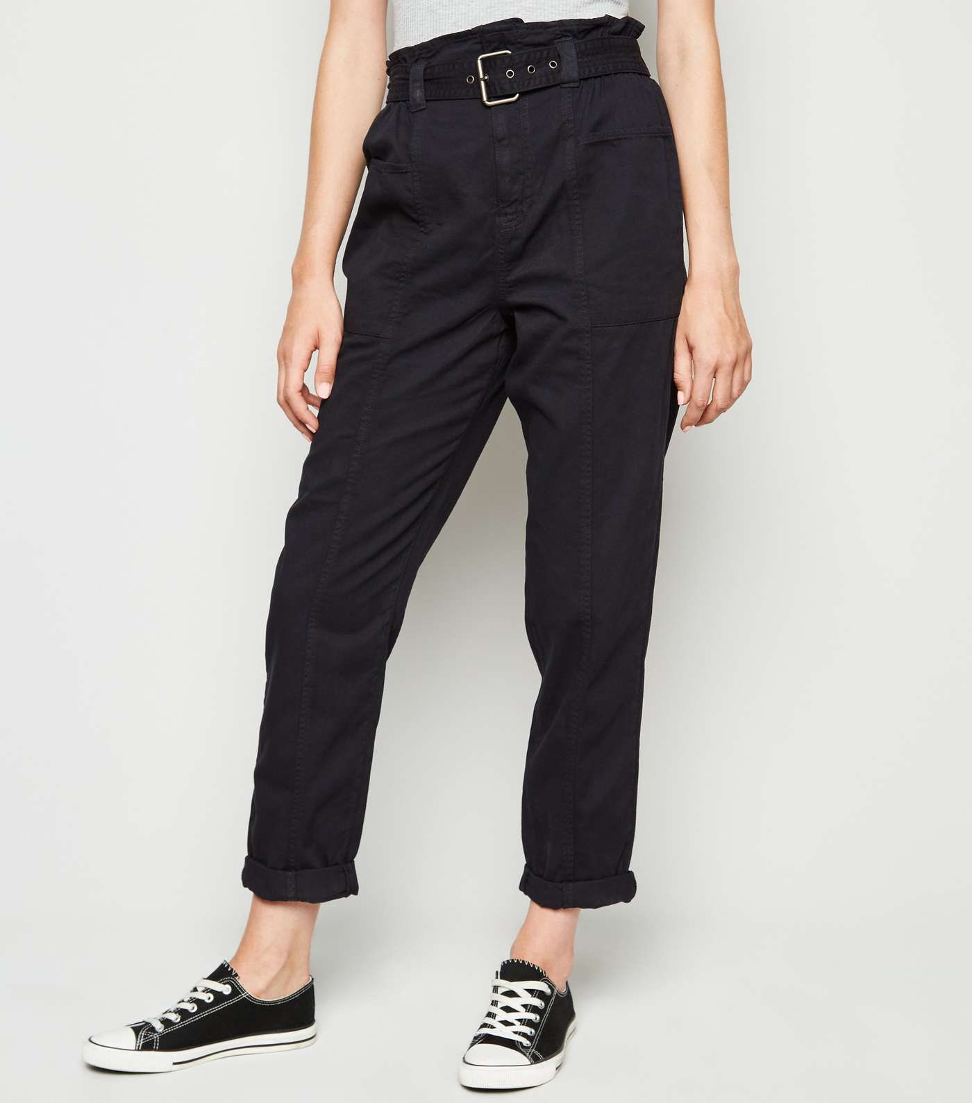 Black Denim High Waist Belted Utility Trousers Image 2