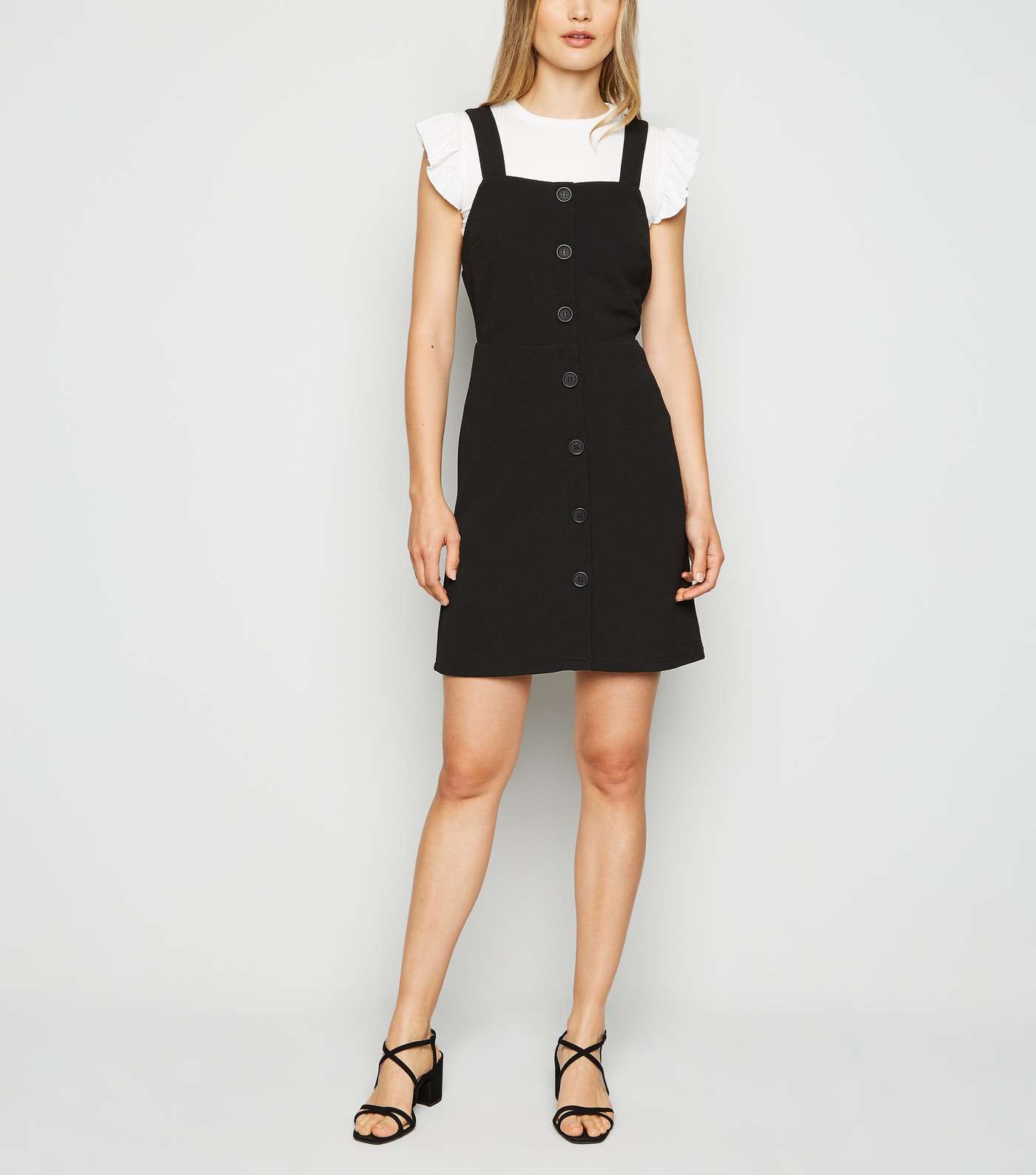 Black Button Front Fitted Pinafore Dress