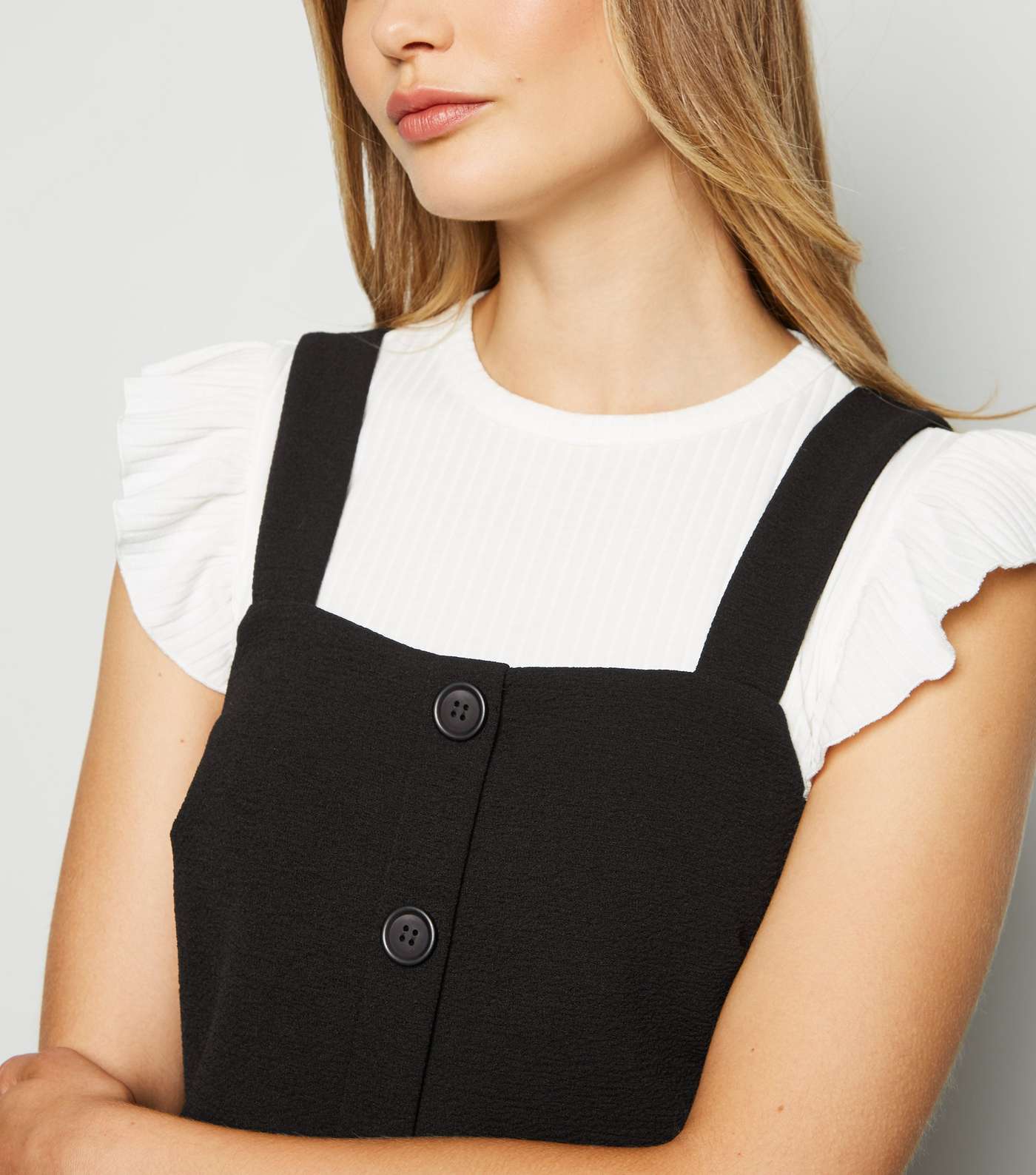 Black Button Front Fitted Pinafore Dress Image 3