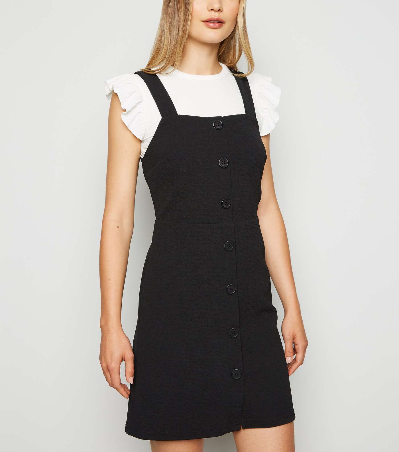 Black Button Front Fitted Pinafore Dress Image 5