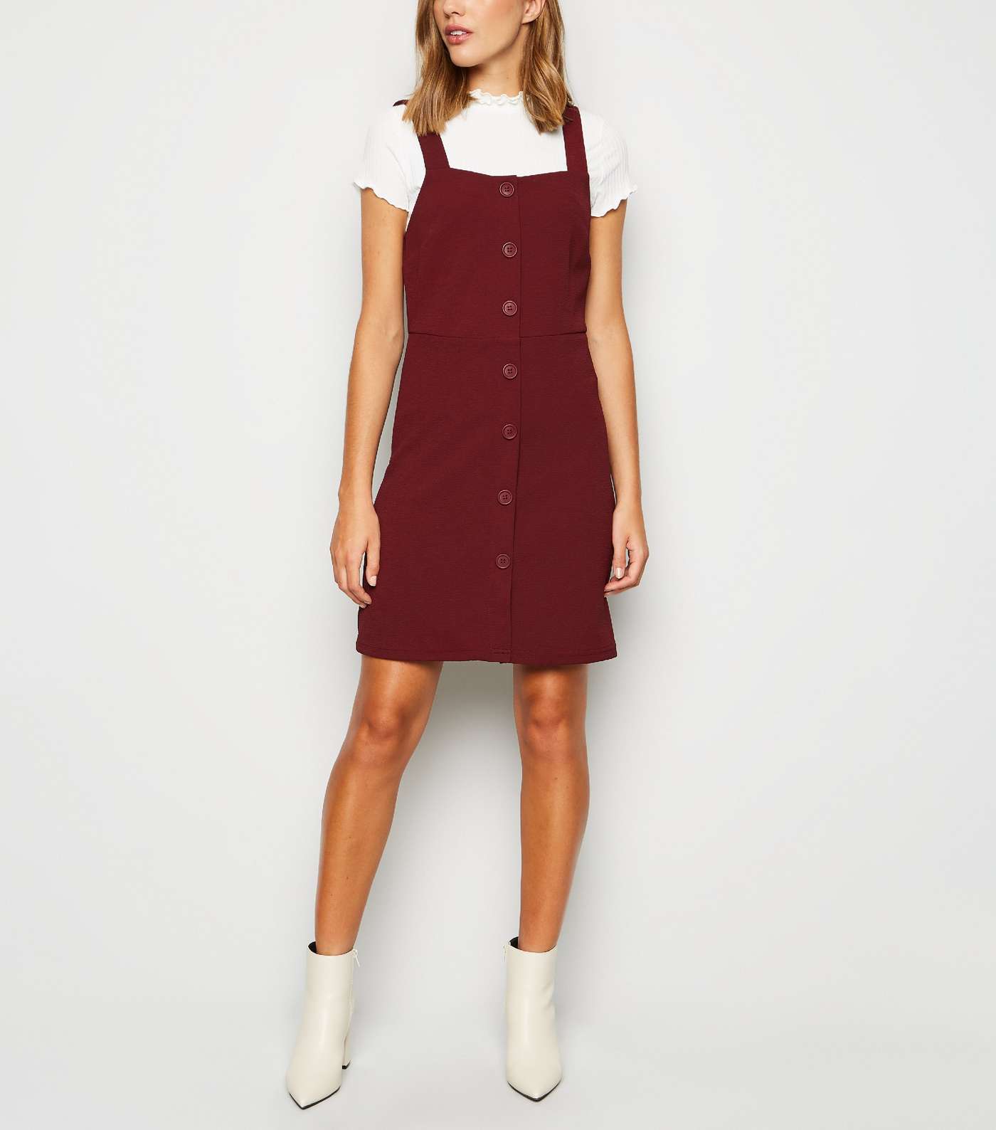 Burgundy Button Front Fitted Pinafore Dress Image 2
