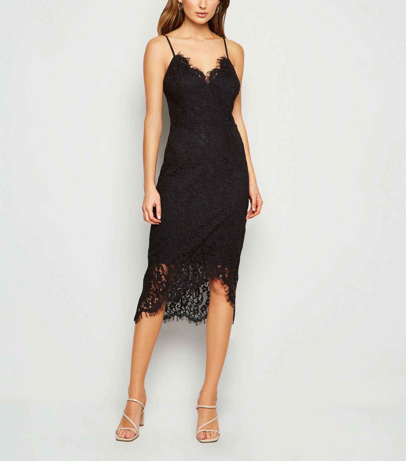 Black Lace Asymmetric Wrap Midi Dress