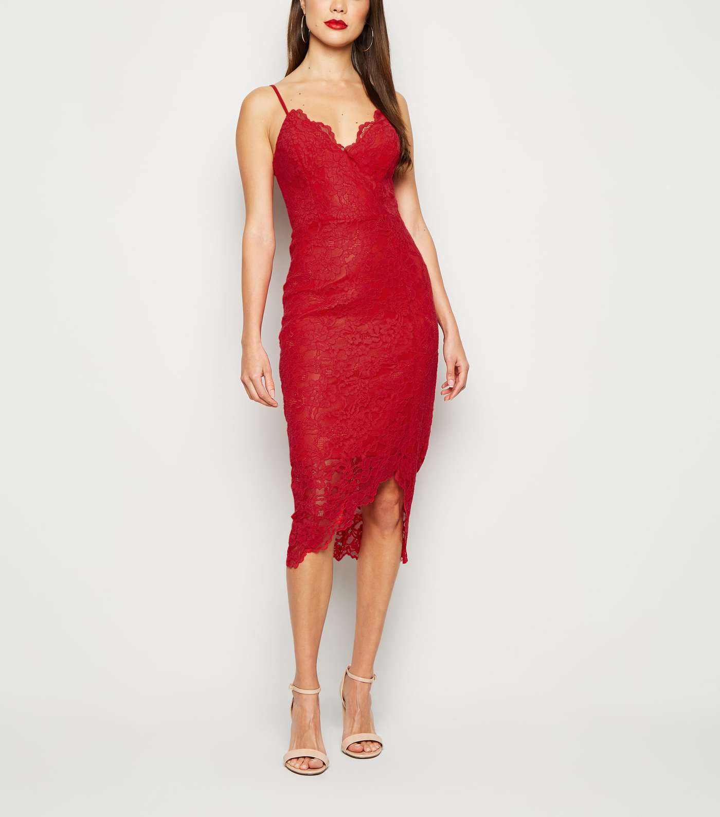 Red Lace Asymmetric Wrap Midi Dress