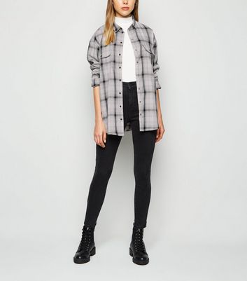 Light Grey Check Longline Shirt New Look