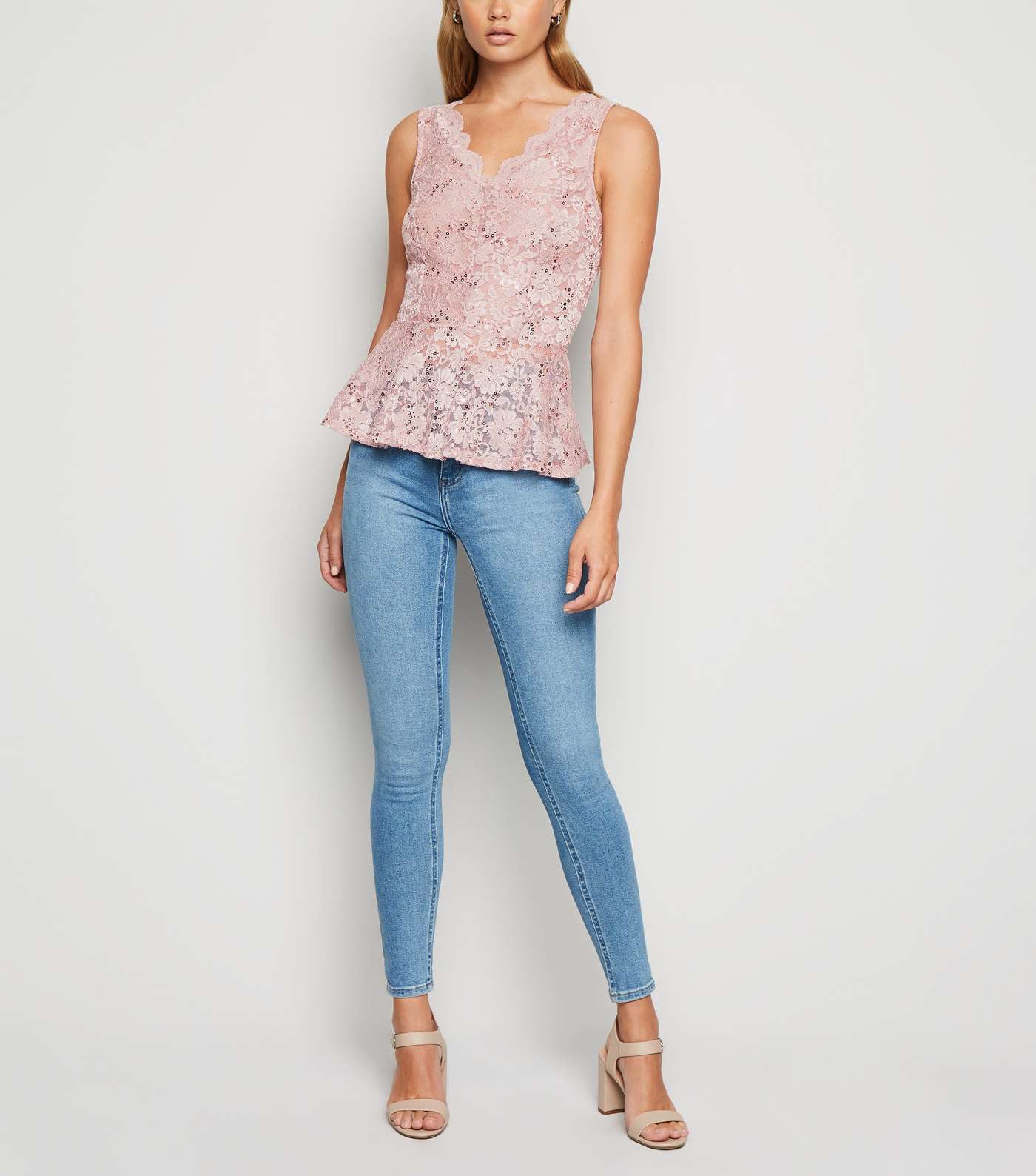 Pale Pink Sequin Lace Peplum Top Image 2