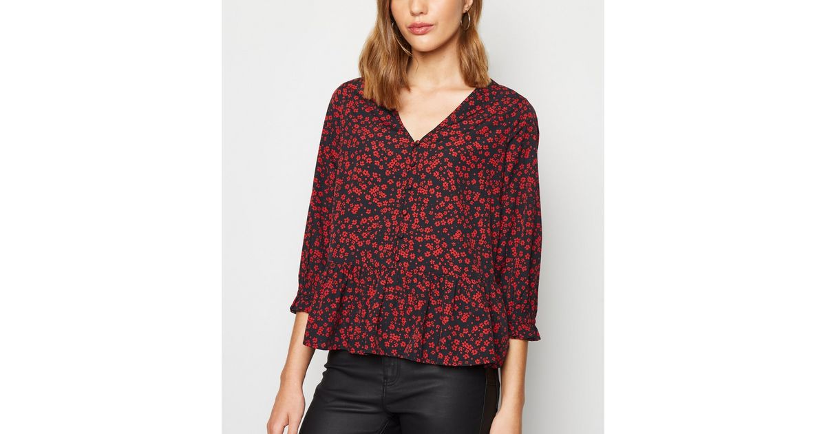 Red Floral V Neck Peplum Blouse | New Look