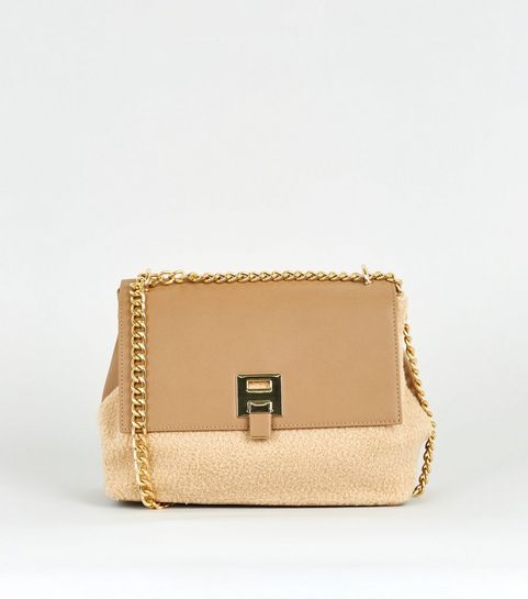 Camel Leather-Look Teddy Shoulder Bag