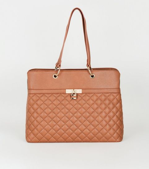 Tan Leather-Look Quilted Laptop Bag