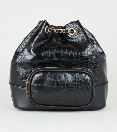Black Faux Croc Drawstring Duffle Bag