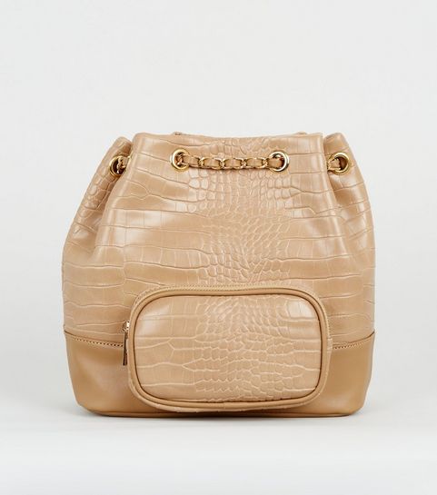 Camel Faux Croc Drawstring Duffle Bag