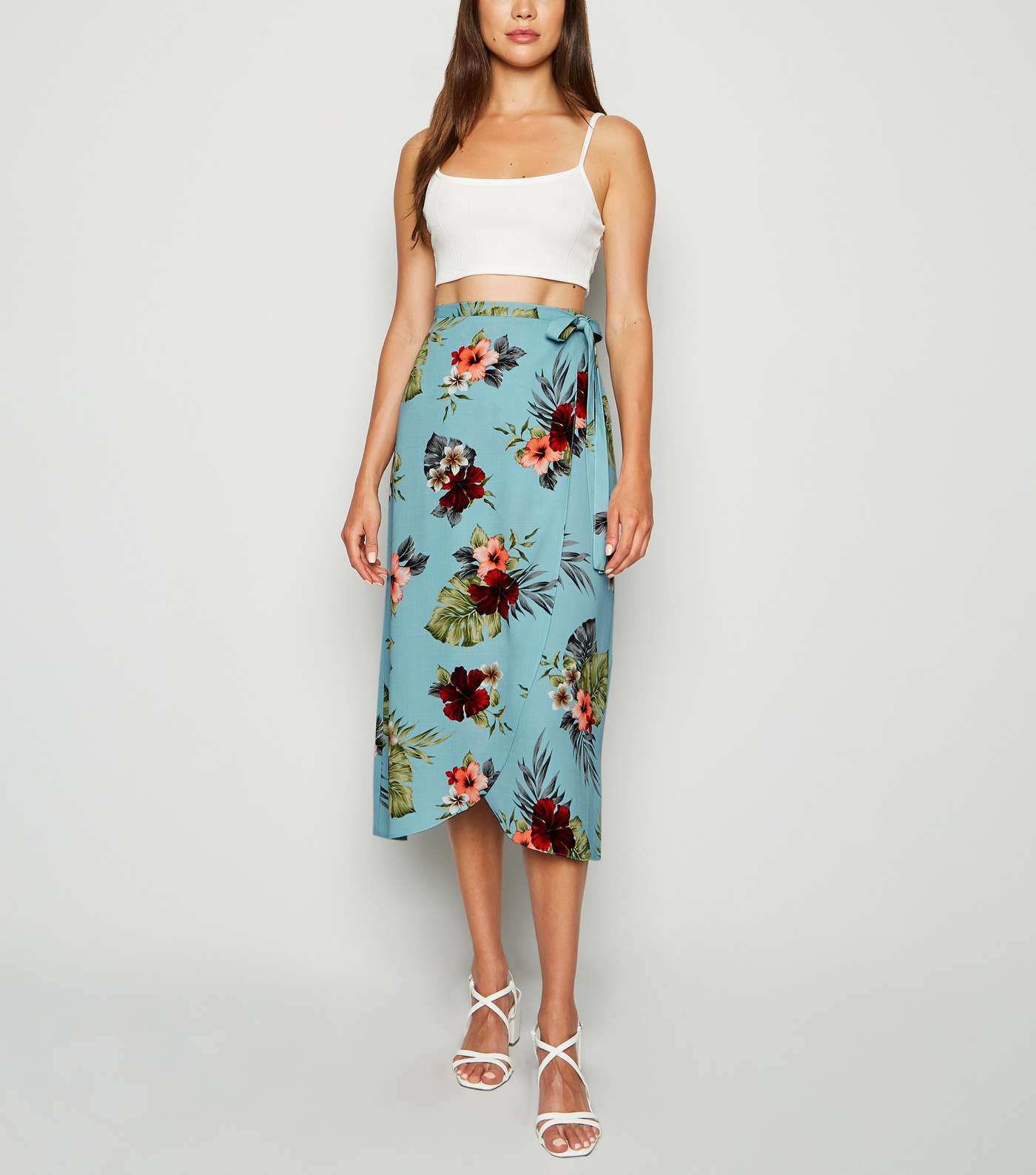 Blue Tropical Floral Wrap Midi Skirt