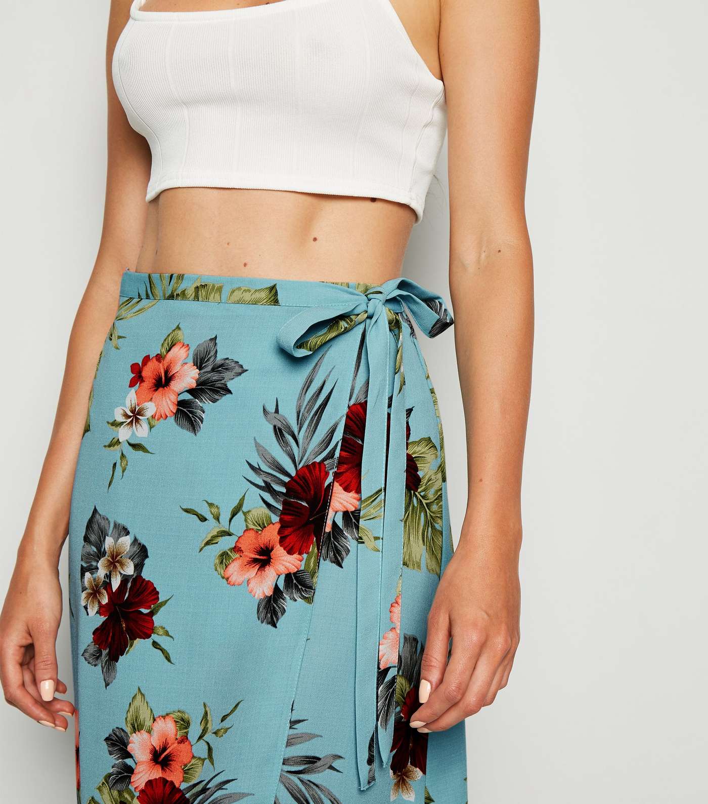 Blue Tropical Floral Wrap Midi Skirt Image 5
