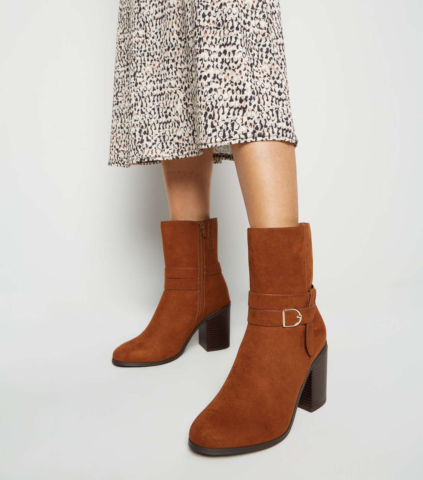 Wide Fit Tan Suedette Heeled Calf Boots Image 2
