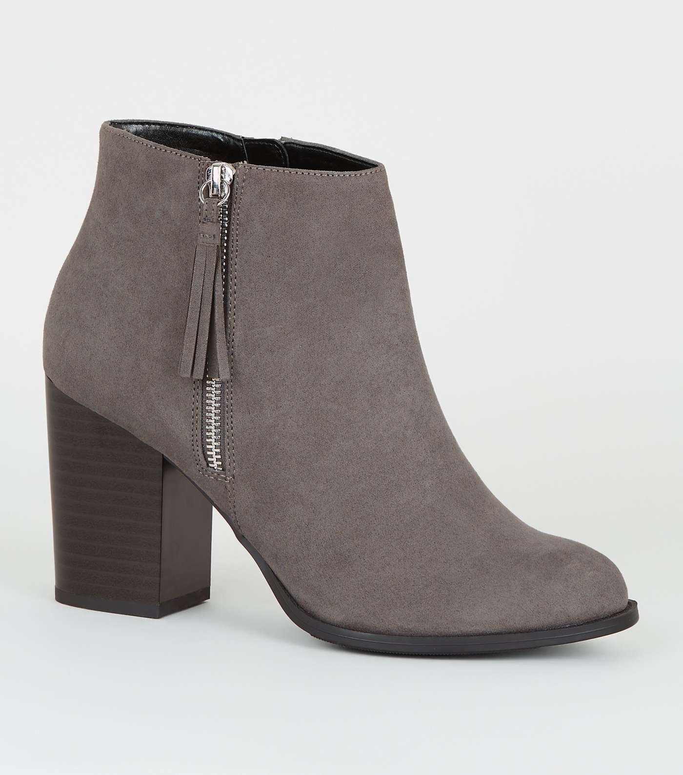 Wide Fit Grey Tassel Block Heel Boots