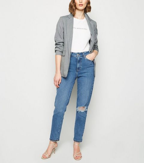 Blue Ripped Waist Enhance Slim Mom Jeans