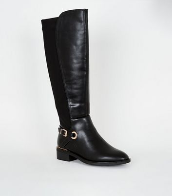 Wide Fit Black Leather-Look Knee High 