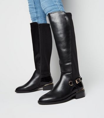 Wide Fit Black Leather Look Knee High Boots New Look