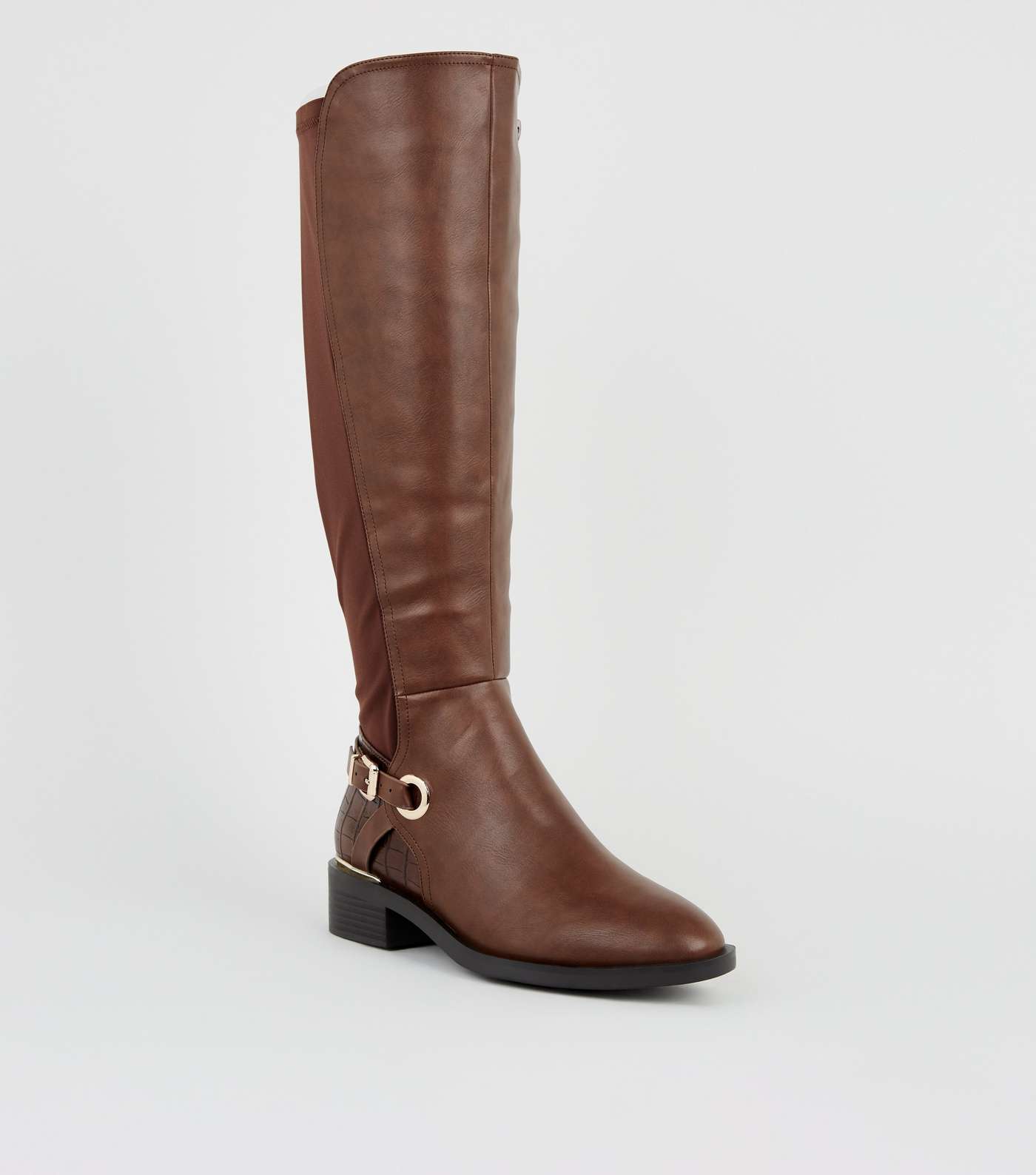 Wide Fit Tan Leather-Look Knee High Boots