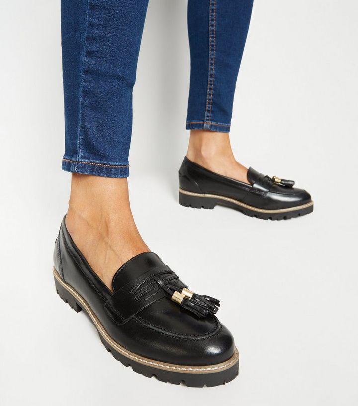 Black Leather Chunky Tassel Loafers New Look