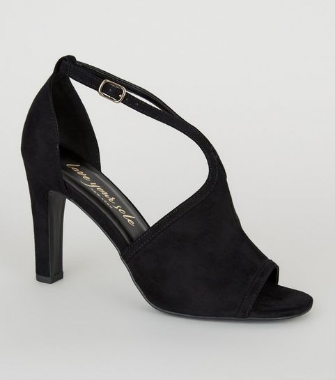 Black Suedette Peep Toe Block Heels